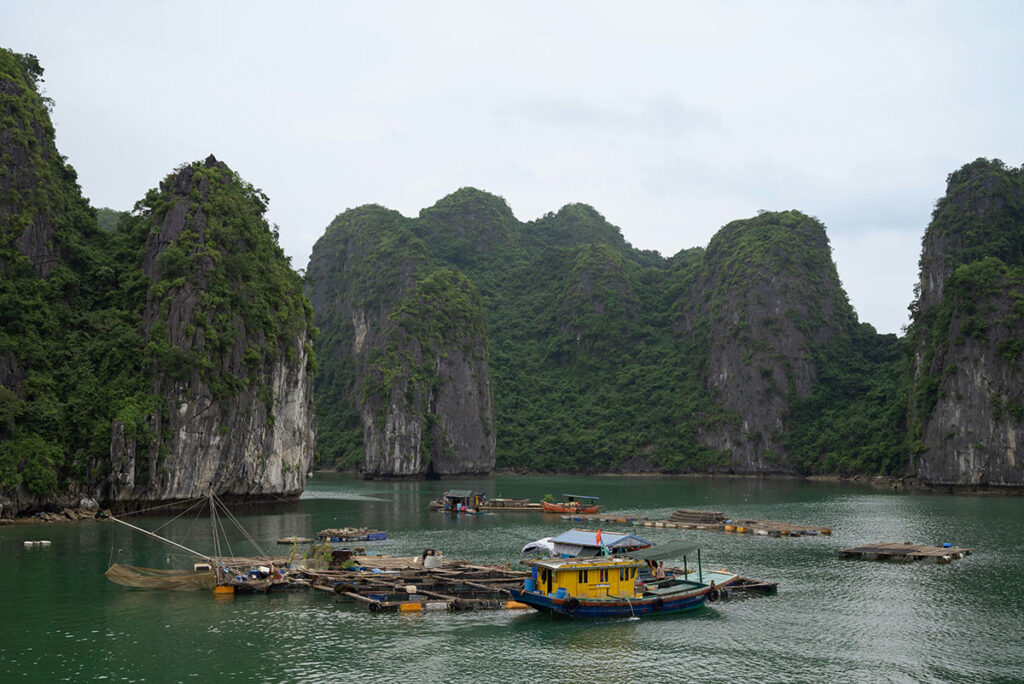 A luxury wooden cruise boat sailing through the emerald waters and limestone karsts of Lan Ha Bay - the ultimate Lan Ha Bay cruise guide