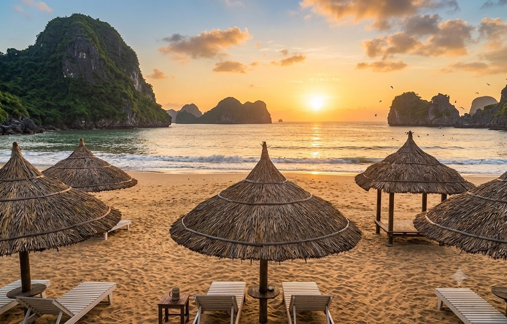 A golden hour sunset over beachfront thatched umbrellas and sand loungers at a Cat Co resort - a prime example of where to stay in Cat Ba island